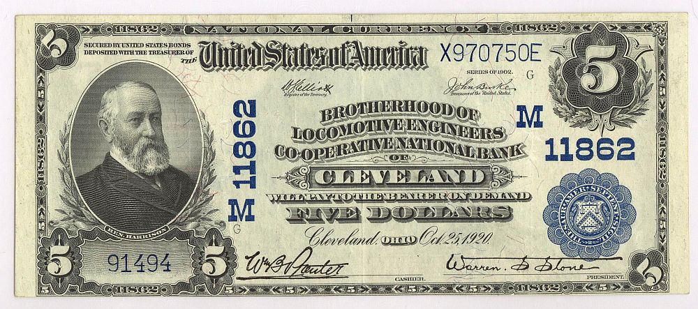 Cleveland, Ohio, Ch.#11862 - 1st Title, 1902PB $5, Brotherhood of Locomotive Engineers Coop NB, XF/AU